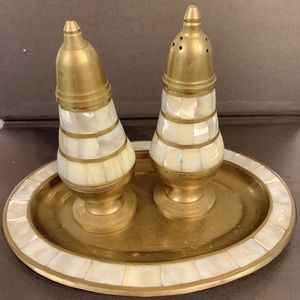 Vintage handmade pure copper mother-of-pearl inlaid seasoning set